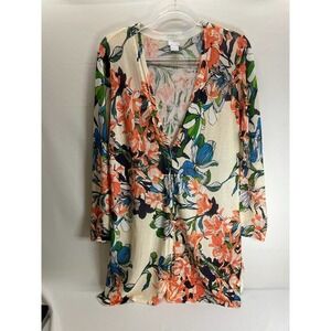 Chico's Floral The Everyday Cardigan Long Line 3 Button Cotton Blend Size Small
